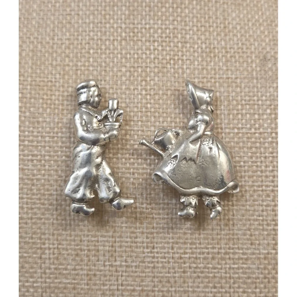 2 1940s‎ Sterling Silver Dutch Boy & Girl Brooches - Flower & Watering Can